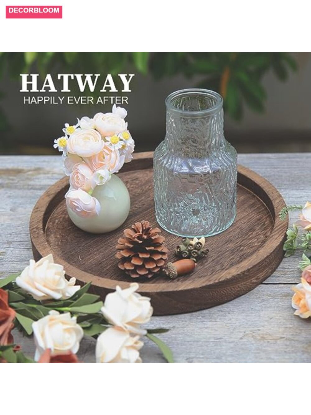 Round Wooden Decorative Tray Candle Holder Rustic Distressed Paulownia Wood - Picture 4 of 6
